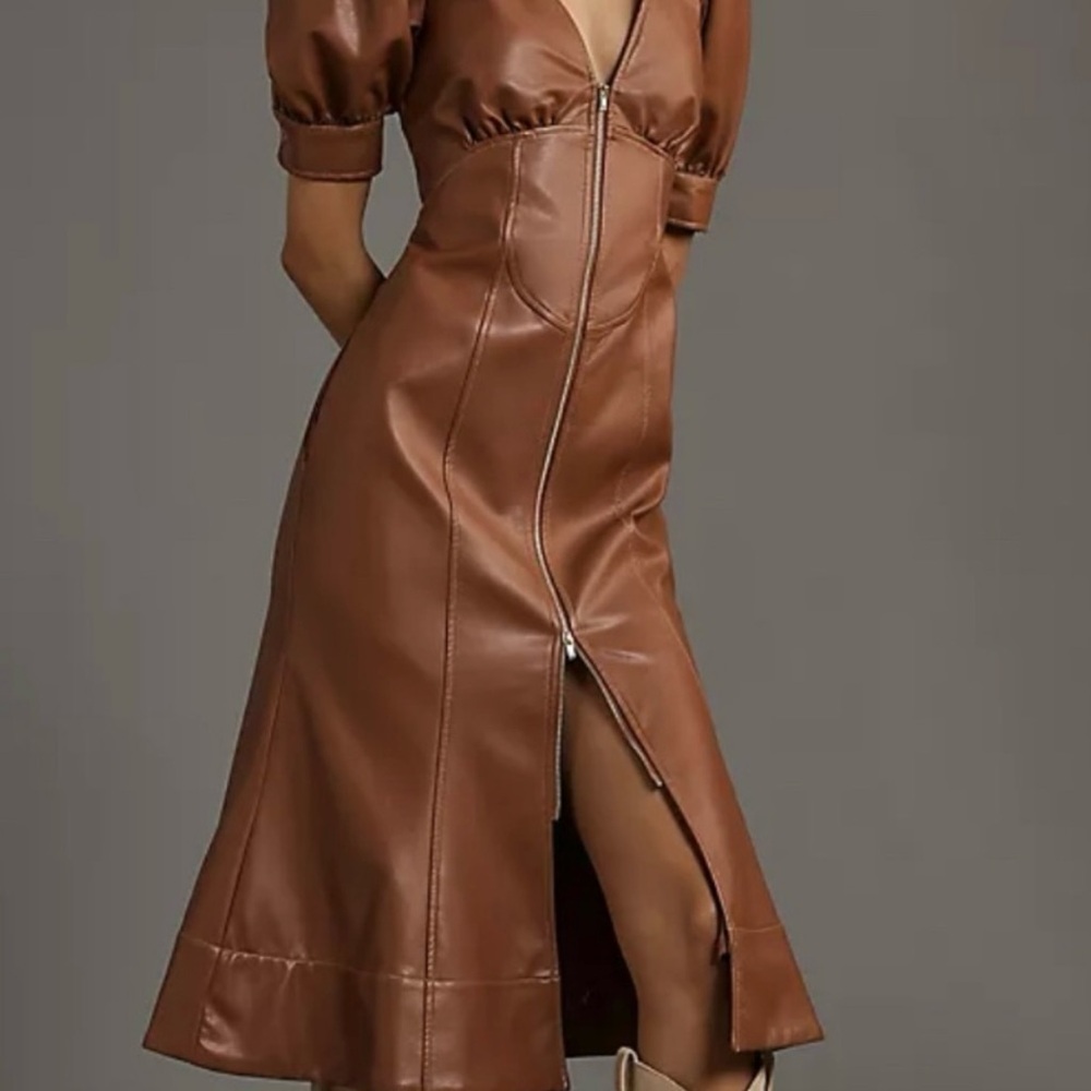 Anthropologie Brown Faux Leather Midi Dress NWOT